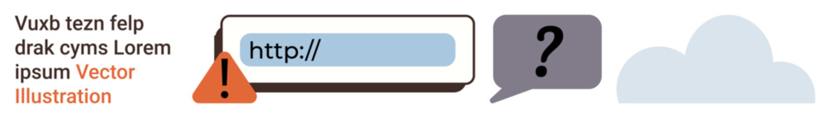 Cybersecurity, data protection, cloud computing, online safety, internet risks, digital troubleshooting. Warning sign near a browser URL bar with question mark and cloud icon. Cybersecurity and data © robu_s