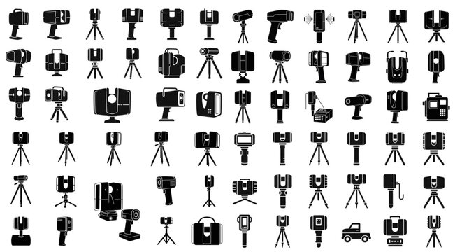 Set of Surveying and Mapping Equipment Silhouette Icons, representing various professional surveying, geodesy equipment, total stations, tripods, laser scanners, levels.