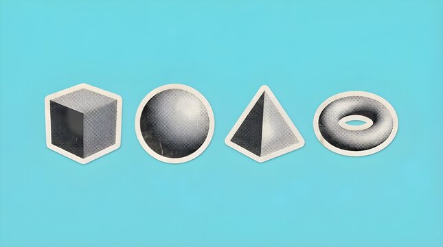Halftone Collage of Geometric Shapes Cube, Sphere, Pyramid, and Torus on a Blue Background