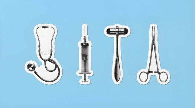 Halftone collage of medical instruments including a stethoscope, syringe, reflex hammer, and forceps, top view