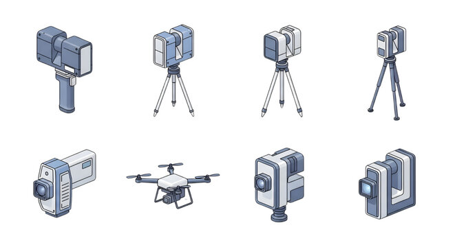 Isometric Terrestrial and Aerial 3D Scanning Devices Vector Icons, Isometric illustrations of modern 3D scanning devices, including terrestrial LiDAR scanners on tripods, a drone, handheld scanners
