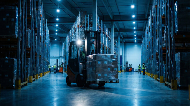 A forklift moving a pallet of goods down an aisle in a large, modern industrial warehouse with tall racks and blue lighting.