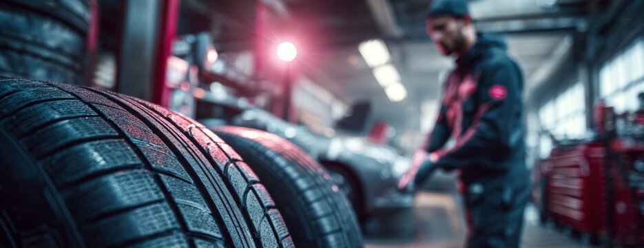 Mechanic working on vehicle with tires in automotive workshop  