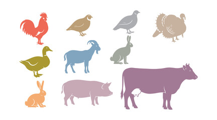 Obraz premium An icon set representing farm animals, including a rooster, quail, turkey, goat, duck, hare, pig, and cow, drawn in black on a beige background.