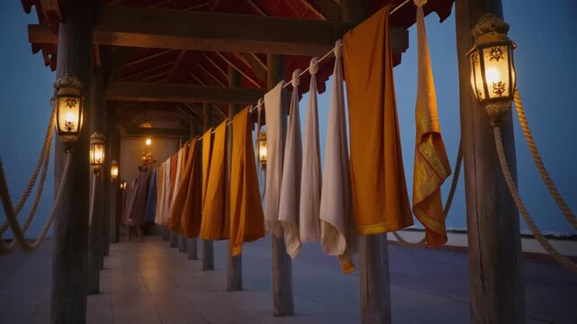 Buddhist Monk Robes Hanging In A Temple At Dusk