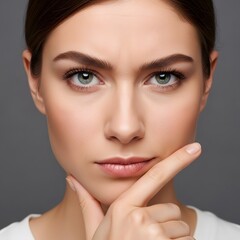 Obraz premium Serious Young Woman Thinking with Finger on Chin, Focused Expression of Doubt and Problem Solving