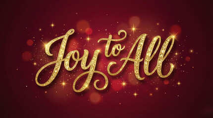 Joy to All golden glitter lettering on a festive deep red background with sparkling bokeh lights. Elegant calligraphic design for holiday greetings and celebrations.