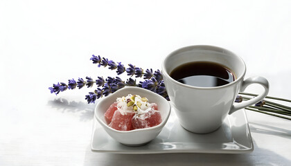 Black coffee with Turkish delight and lavender on white background
