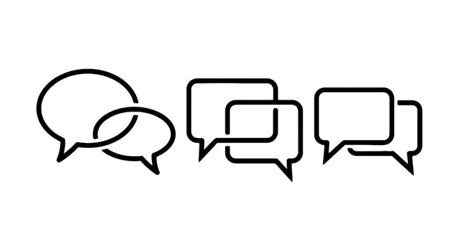 Minimalist chat bubble icon set. Includes speech bubbles, text boxes, and conversation icons. Created in simple line style with black and white palette.