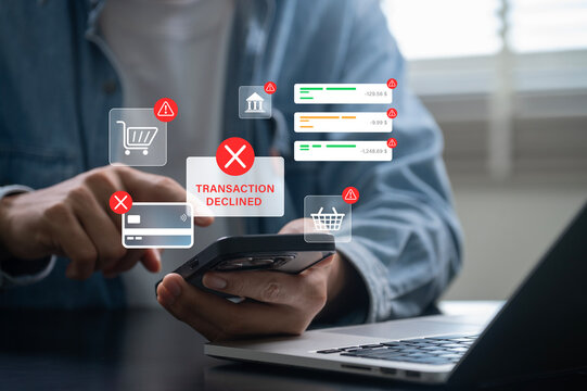 Online payment transaction declined alert on smartphone, digital banking fraud detection and ecommerce security warning to prevent unauthorized credit card use and protect financial from cybercrime