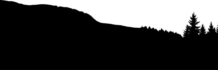 Mountain ridge silhouette sloping down toward a pine forest edge