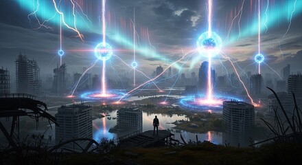 Futuristic Cityscape with Energy Beams and Ruined Buildings, Sci-Fi Apocalypse Concept