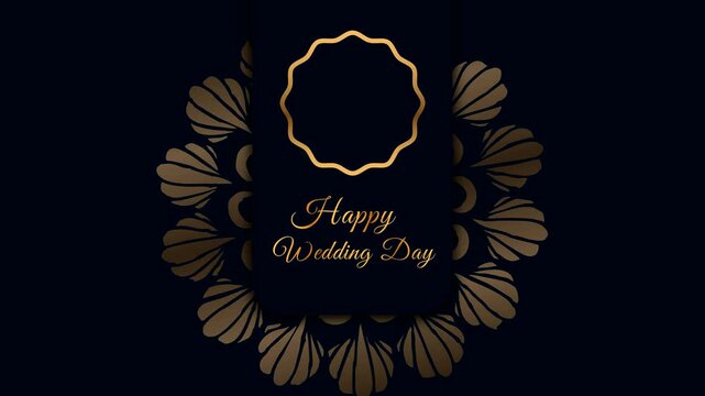 Golden happy wedding day text on intricate gold patterns for wedding invitations, greeting cards, social media posts, and event decorations.