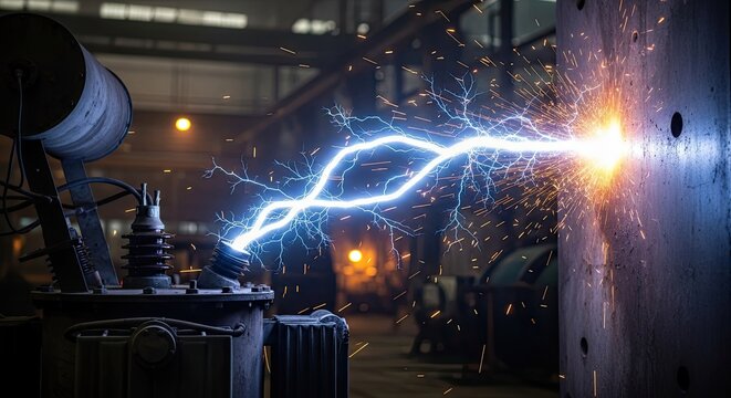 Powerful electrical transformer arc discharge with blue lightning sparks in industrial setting