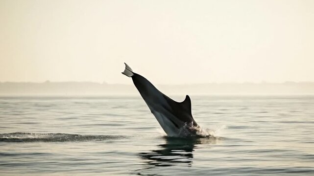 A dolphin jumps out of calm ocean waters at sunset, creating a serene scene.