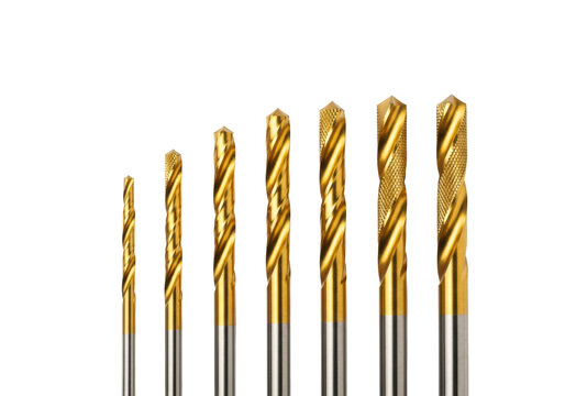 Six golden titanium nitride coated hss drill bits of graduated sizes, flat lay composition, razor-sharp focus on transparent background. Concept of engineering quality and precision tools