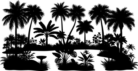 Fototapeta premium Tropical island landscape silhouette with diverse palm trees and exotic plants