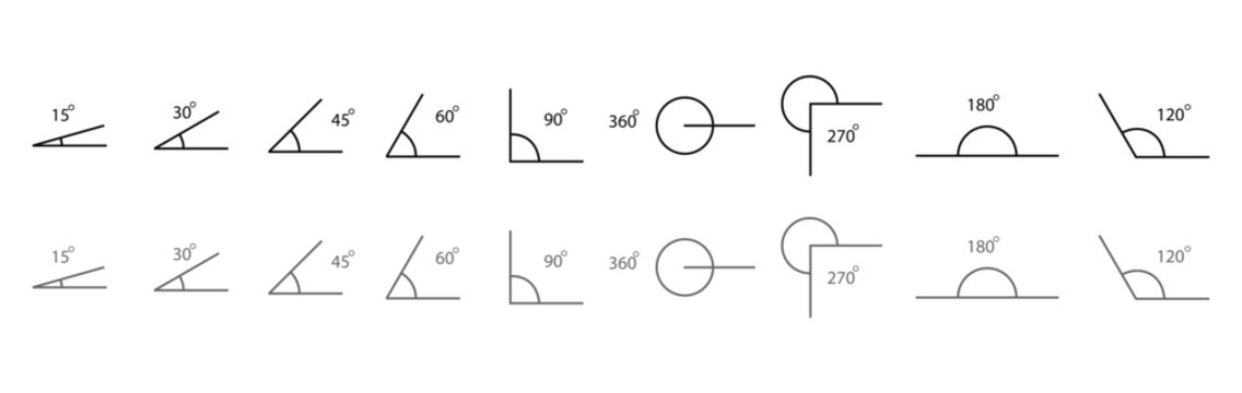 Set of different acute and right angles shown with degree measurements, including 10, 15, 30, 45, 60, 75, and 90 degrees