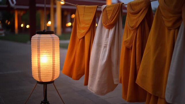 Buddhist Monk Robes Hanging Near Glowing Lantern During Vesak Day