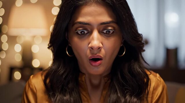 Shocked Young Indian Woman Reacting To Smartphone Screen On Couch