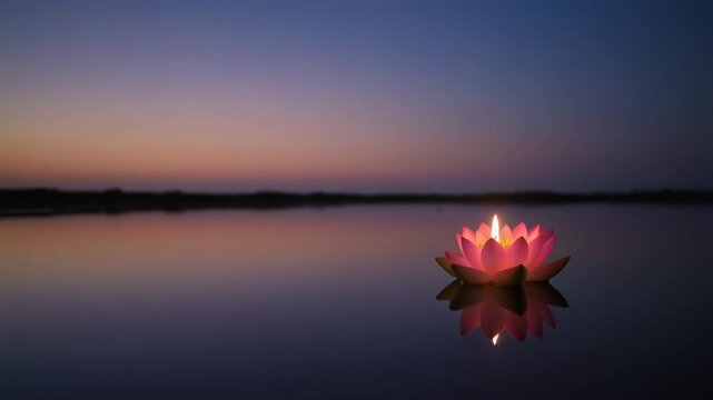Floating Pink Lotus Candle On Calm Water At Sunset