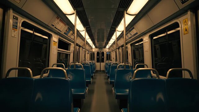 Empty subway carriage interior viewed from the end of the train with rows of blue seats