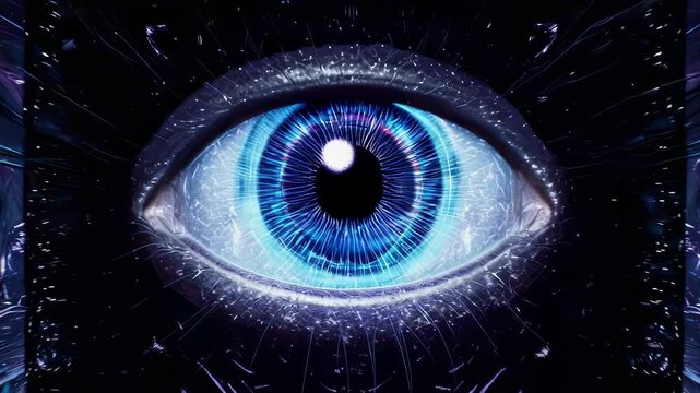 A cosmic eye stares from a dark void, surrounded by swirling purple and blue abstract forms
