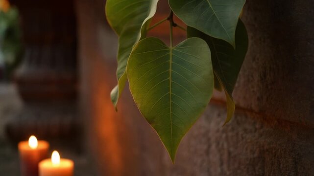 Green Bodhi Leaf And Burning Candles In A Buddhist Temple During Vesak
