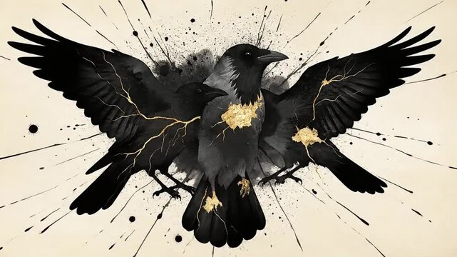 Abstract Raven with Ink Splatter and Golden Accents on a Light Background.