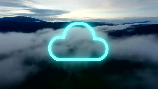 Glowing Cloud Icon in Foggy Landscape.