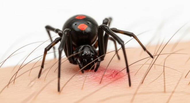 Detailed macro shot illustrating a black widow spider biting into human skin causing redness