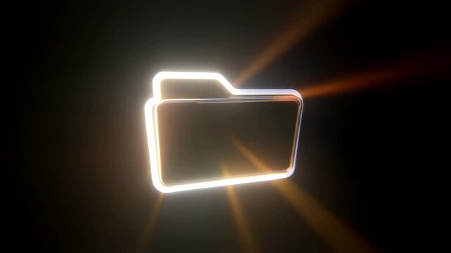 Glowing Neon Folder Icon on Black Background.