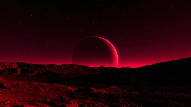 Distant planet surface with a large red moon rising over barren terrain under a starry sky