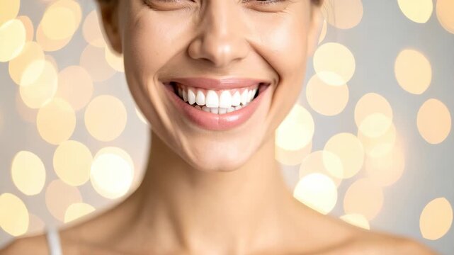 Close-up of a woman's joyful, wide smile with perfect white teeth and soft bokeh lights.