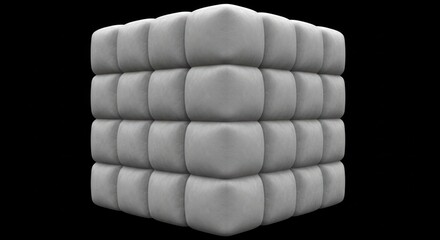 Fototapeta premium Symmetrical puffy cube with soft, smooth, and round gray cushion patterns on black background