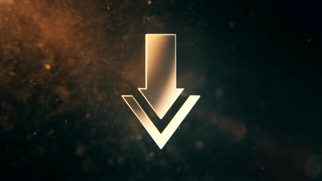 Golden Download Arrow Symbol on Dark Background.