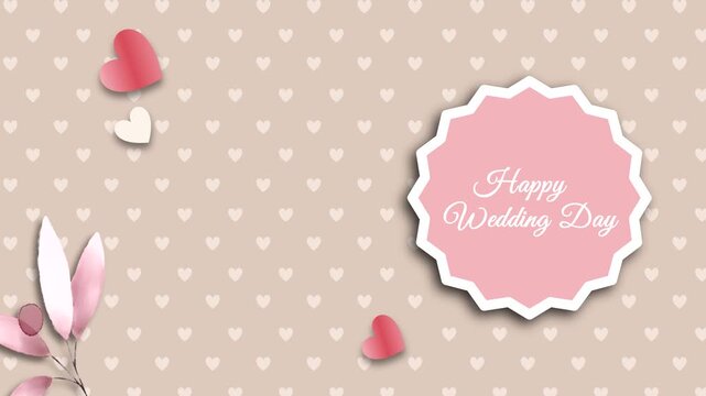 Happy wedding day text with pink hearts on a patterned beige backdrop, suitable for wedding invitations, greeting cards, and social media posts.