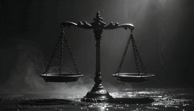 Antique balance scales stand in smoky, dim lighting. Poetic, symbol of fairness, equity, or justice is suggested