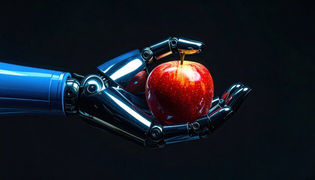 Robotic hand offering a shiny red apple against a dark background (2)