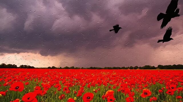 Dramatic Crows Fly Over Vast Poppy Field Under Stormy Skies.
