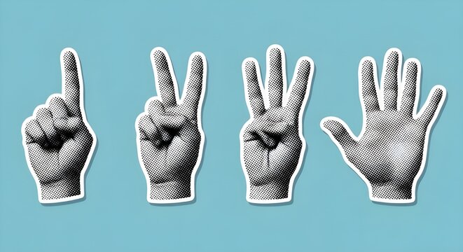 Hands display numbers in halftone collage on blue