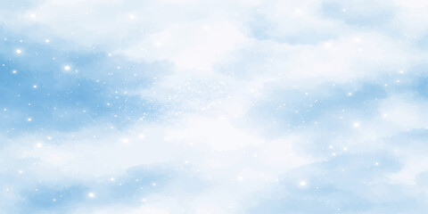 Obraz premium A beautiful abstract blue bokeh background features bright sunlight filtering through fluffy white clouds in a clear summer sky to create a serene and heavenly atmosphere