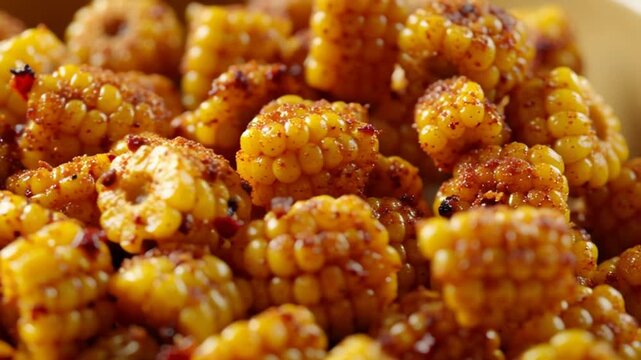 Close up of spicy corn kernels with golden color and red pepper flakes