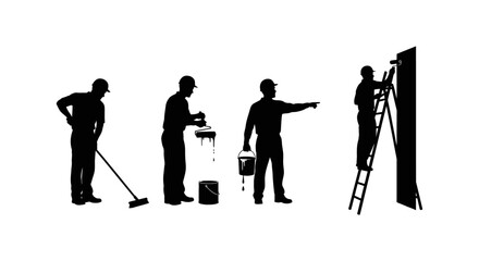 Naklejka premium silhouettes of painters illustrating key stages of renovation project from preparation to wall application labor.