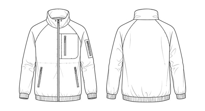 tech pack flat sketch of a mens technical outdoor jacket with raglan sleeves and zipper pockets for sportswear apparel design.