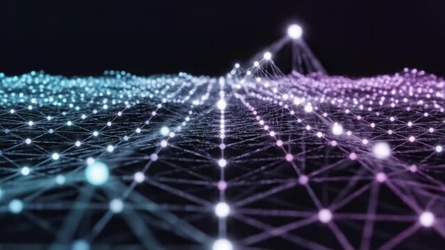 Complex network structure with interconnected nodes and lines.