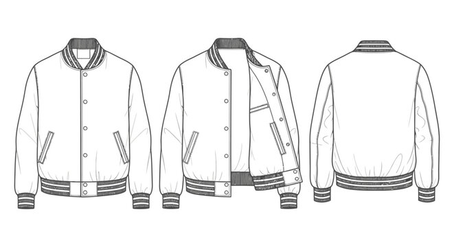 technical flat sketch of a classic varsity jacket featuring front open and back views for fashion design and apparel development.
