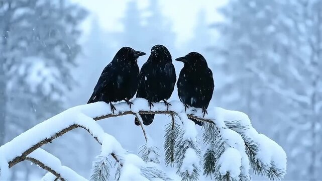 Three Black Crows Perched on a Snow-Covered Branch in Winter Forest.