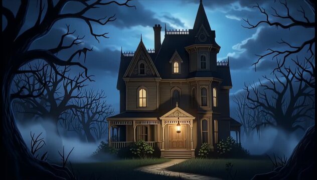 Close-Up Spooky Haunted House at Night Scene