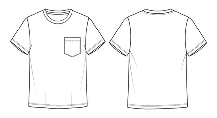 Naklejka premium white t-shirt technical drawing flat front and back views featuring crew neck and pocket ideal for apparel design and fashion mockups.
